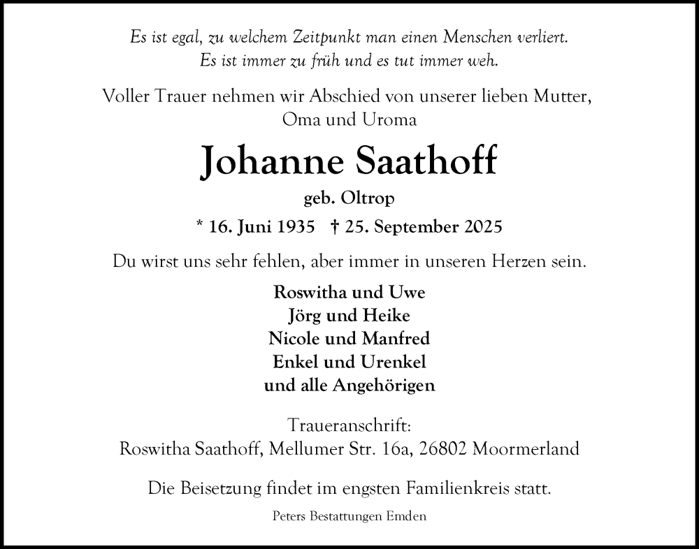  Traueranzeige für Johanne Saathoff vom 04.10.2025 aus Emder Zeitung
