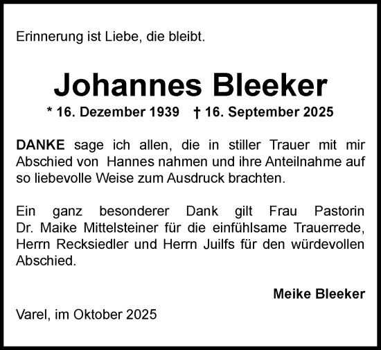 Traueranzeige von Johannes Bleeker von Nordwest-Zeitung