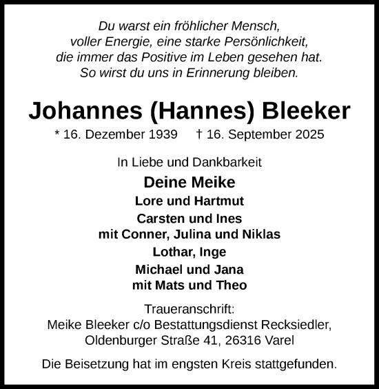 Traueranzeige von Johannes Bleeker von Nordwest-Zeitung