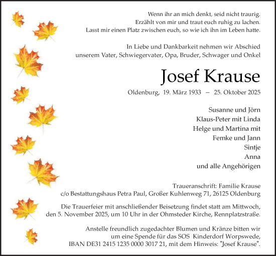 Traueranzeige von Josef Krause von Nordwest-Zeitung