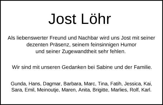 Traueranzeige von Jost Löhr von Nordwest-Zeitung