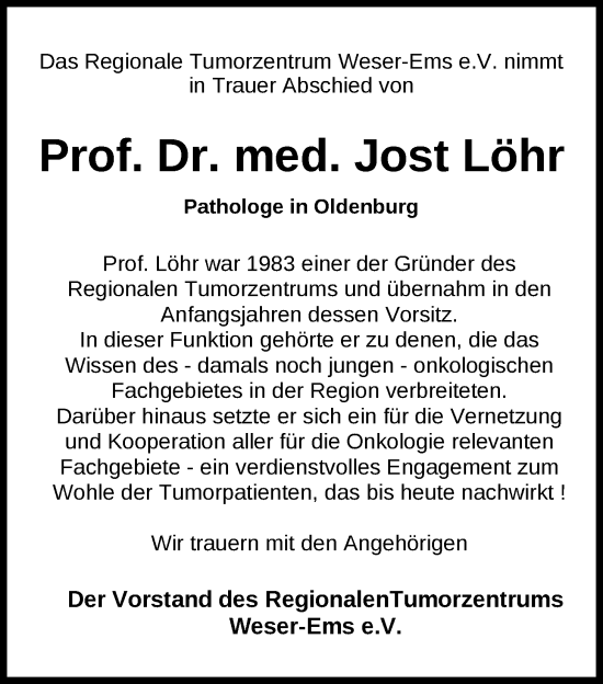 Traueranzeige von Jost Löhr von Nordwest-Zeitung