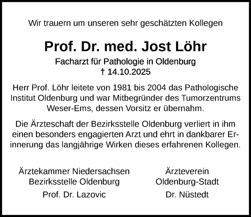  Traueranzeige für Jost Löhr vom 01.11.2025 aus Nordwest-Zeitung