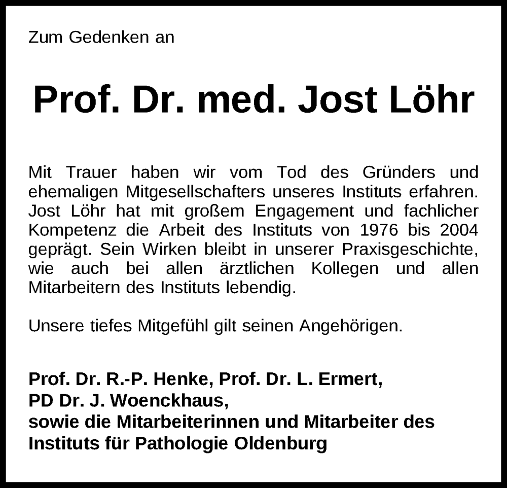  Traueranzeige für Jost Löhr vom 25.10.2025 aus Nordwest-Zeitung