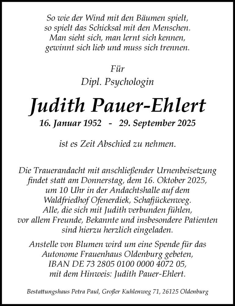  Traueranzeige für Judith Pauer-Ehlert vom 11.10.2025 aus Nordwest-Zeitung