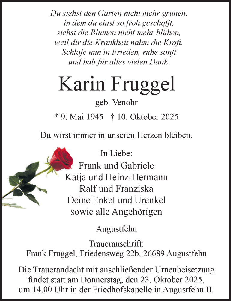  Traueranzeige für Karin Fruggel vom 15.10.2025 aus Nordwest-Zeitung