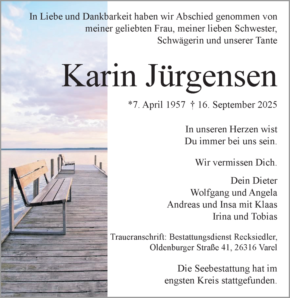  Traueranzeige für Karin Jürgensen vom 18.10.2025 aus Nordwest-Zeitung