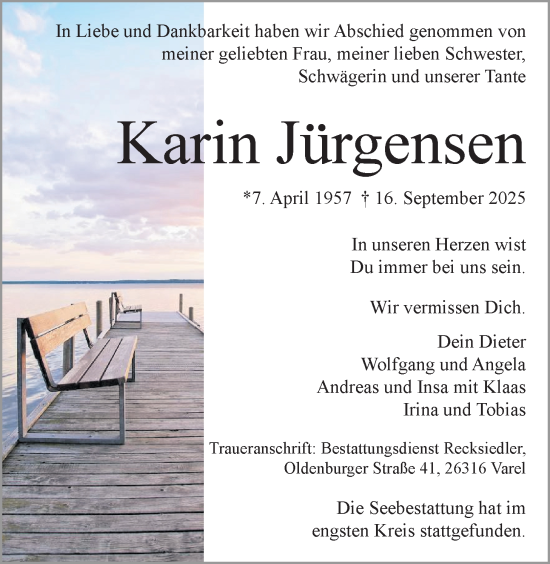 Traueranzeige von Karin Jürgensen von Nordwest-Zeitung