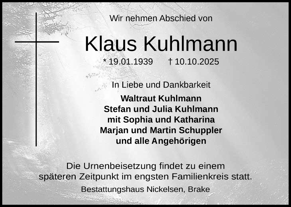  Traueranzeige für Klaus Kuhlmann vom 15.10.2025 aus Nordwest-Zeitung