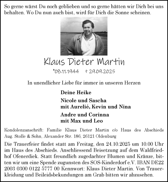 Traueranzeige von Klaus Dieter Martin von Nordwest-Zeitung