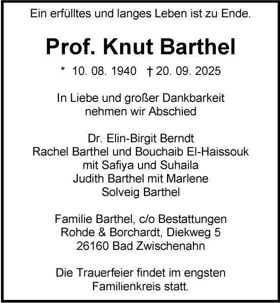 Traueranzeige von Knut Barthel von Nordwest-Zeitung