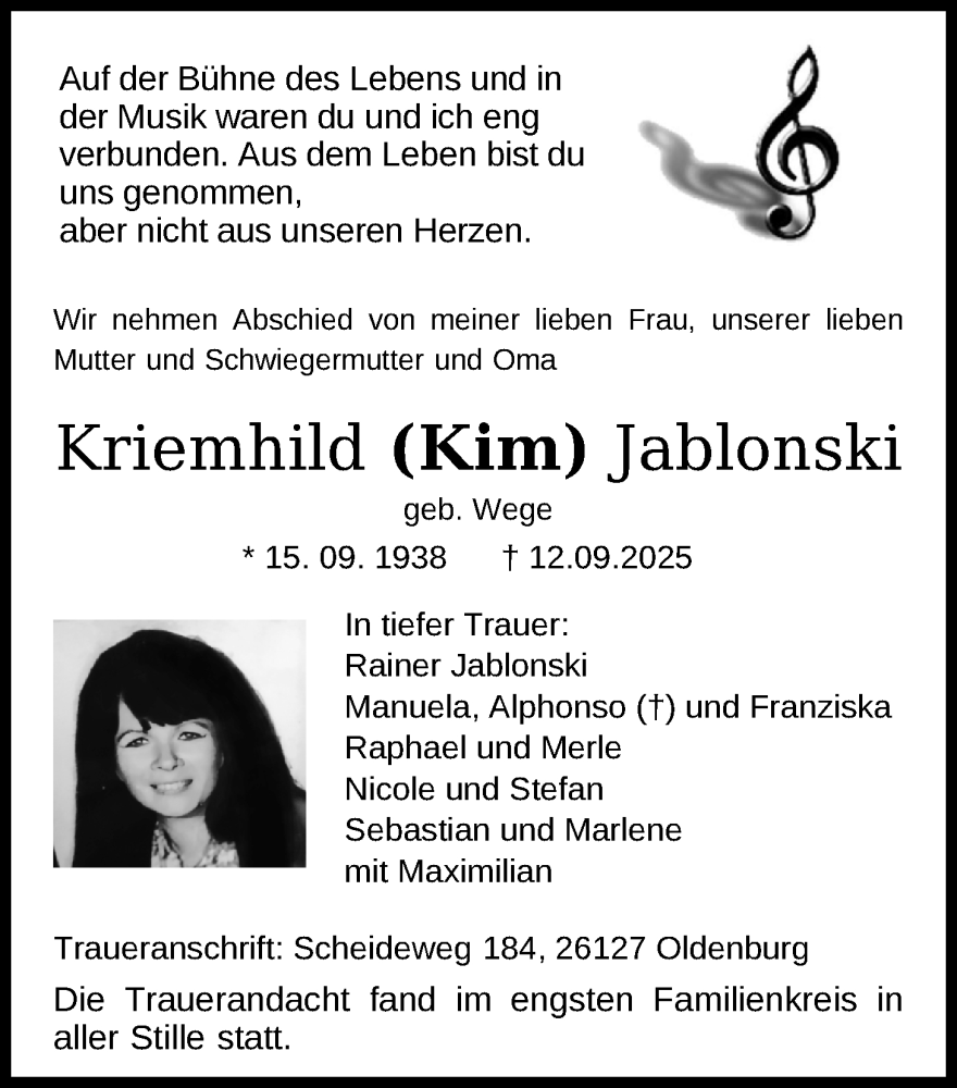  Traueranzeige für Kriemhild (Kim) Jablonski vom 11.10.2025 aus Nordwest-Zeitung