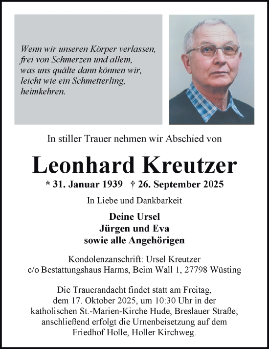 Traueranzeige von Leonhard Kreutzer von Nordwest-Zeitung