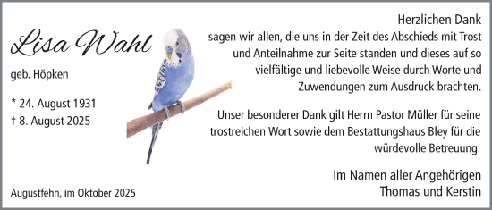 Traueranzeige von Lisa Wahl von Nordwest-Zeitung