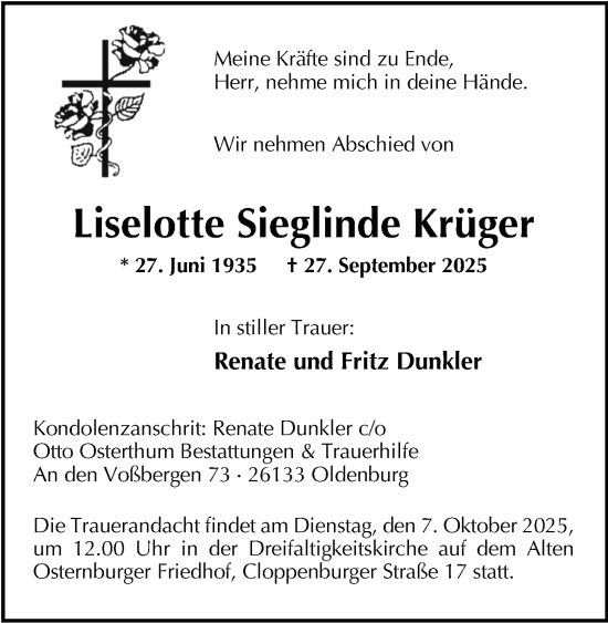 Traueranzeige von Liselotte Sieglinde Krüger von Nordwest-Zeitung
