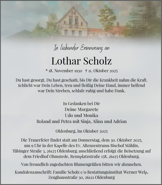 Traueranzeige von Lothar Scholz von Nordwest-Zeitung