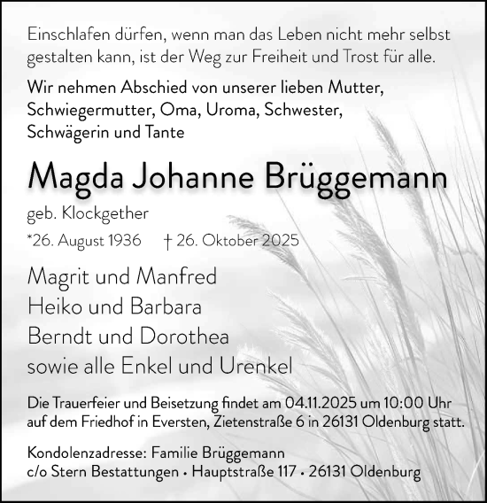 Traueranzeige von Magda Johanne Brüggemann von Nordwest-Zeitung