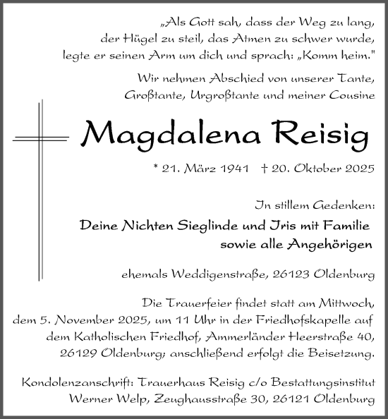 Traueranzeige von Magdalena Reisig von Nordwest-Zeitung