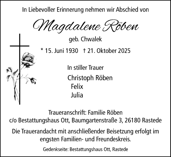 Traueranzeige von Magdalene Röben von Nordwest-Zeitung