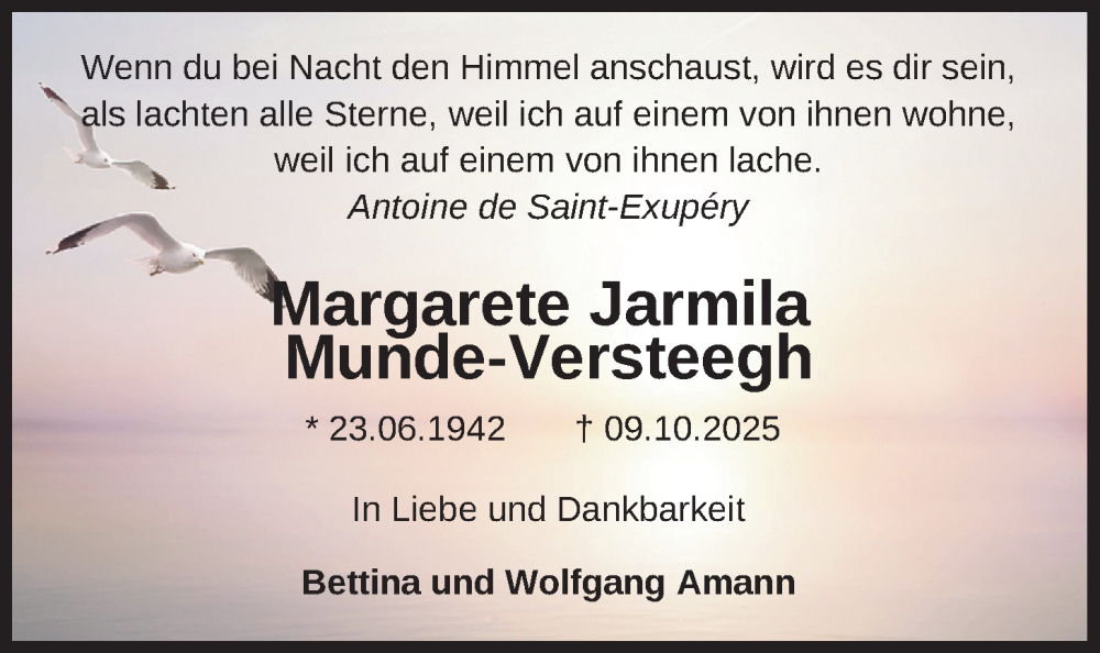  Traueranzeige für Margarete Jarmila Munde-Versteegh vom 25.10.2025 aus Nordwest-Zeitung