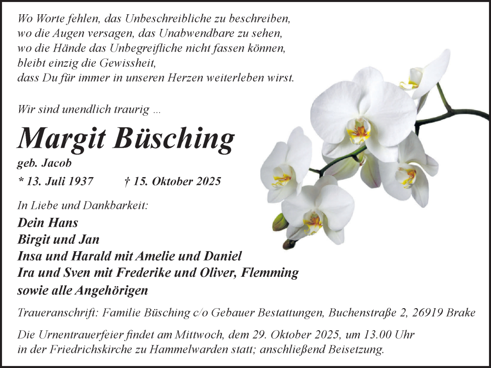  Traueranzeige für Margit Büsching vom 22.10.2025 aus Nordwest-Zeitung