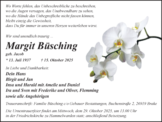 Traueranzeige von Margit Büsching von Nordwest-Zeitung