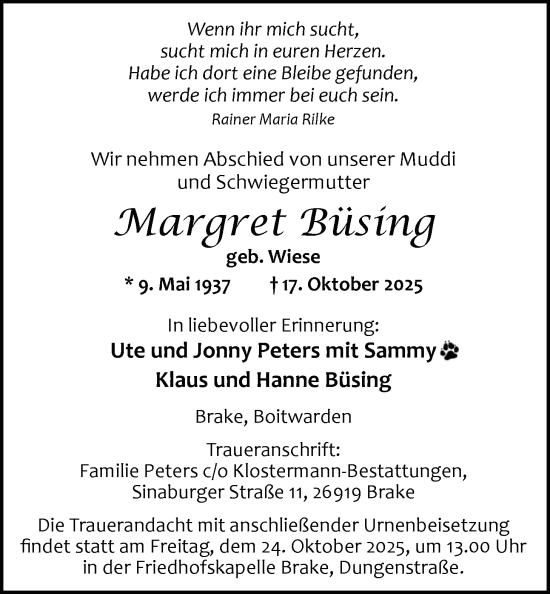Traueranzeige von Margret Büsing von Nordwest-Zeitung
