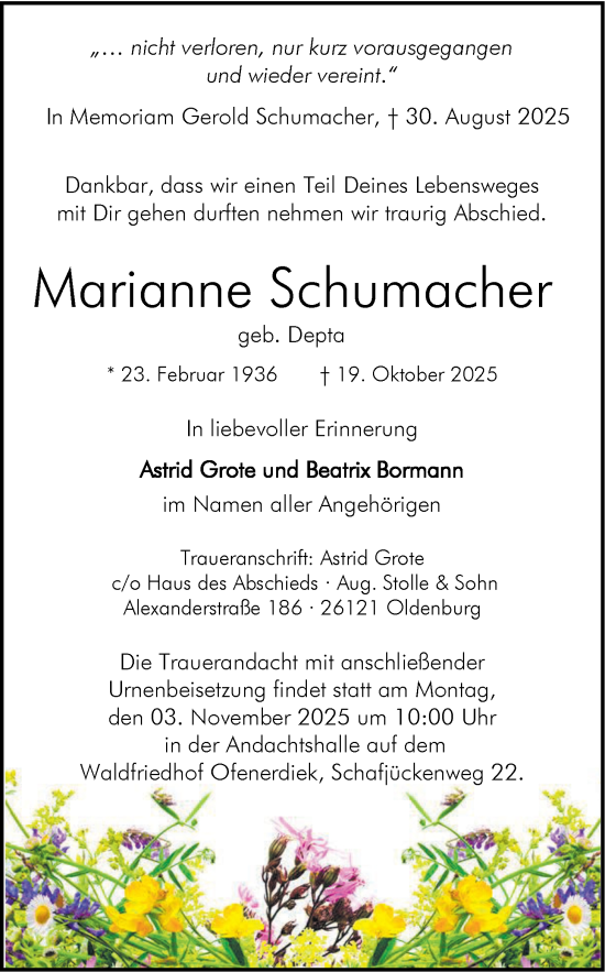 Traueranzeige von Marianne Schumacher von Nordwest-Zeitung