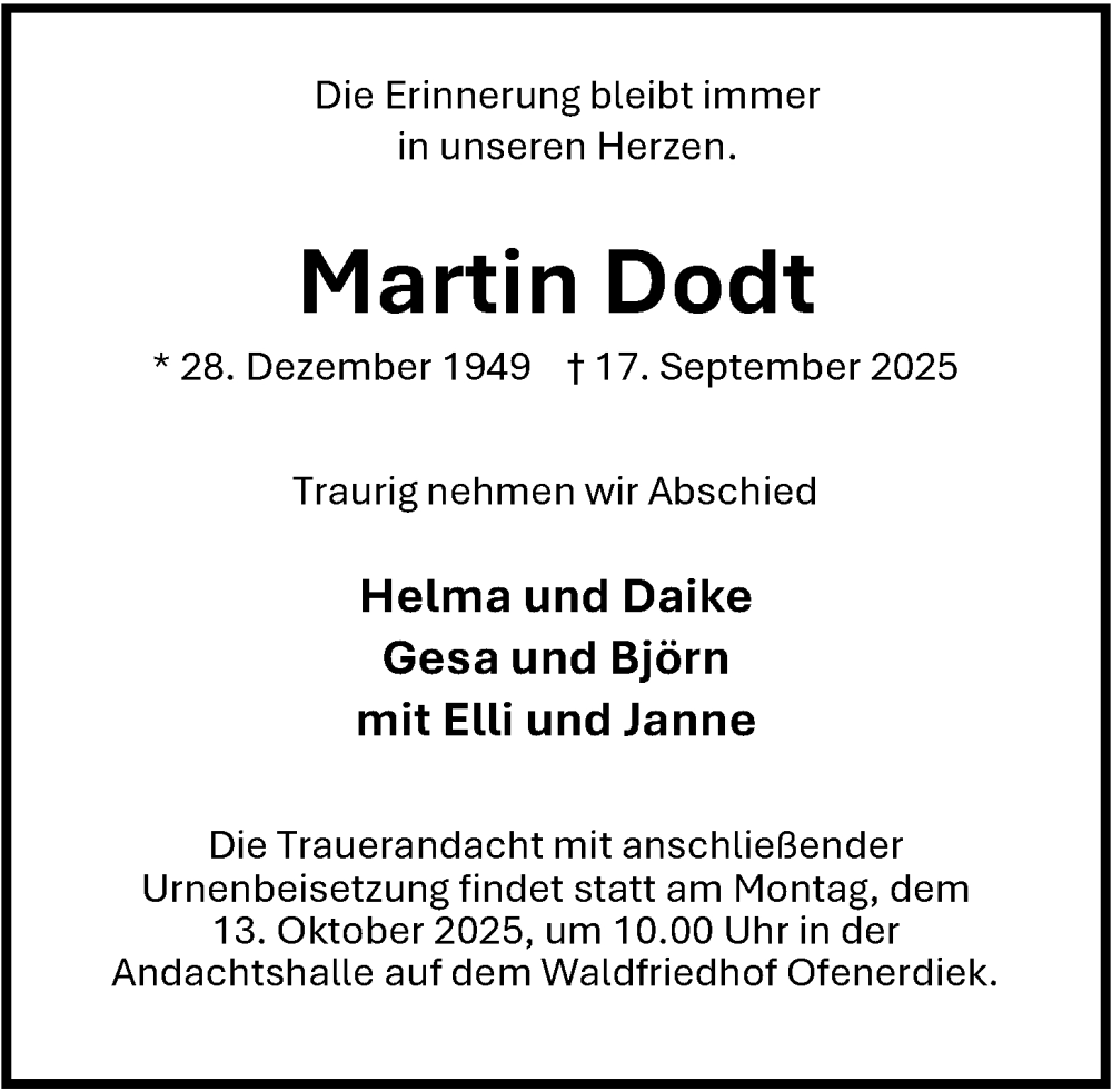  Traueranzeige für Martin Dodt vom 04.10.2025 aus Nordwest-Zeitung