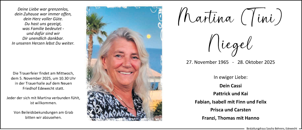 Traueranzeige für Martina Niegel vom 01.11.2025 aus Nordwest-Zeitung