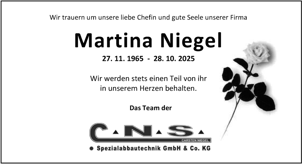  Traueranzeige für Martina Niegel vom 01.11.2025 aus Nordwest-Zeitung