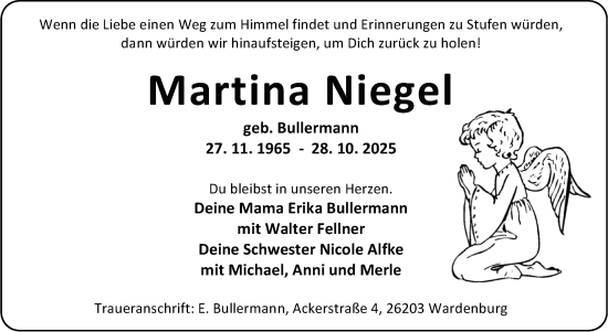 Traueranzeige von Martina Niegel von Nordwest-Zeitung