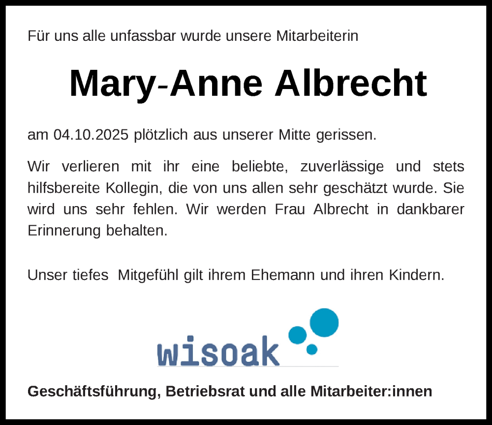  Traueranzeige für Mary-Anne Albrecht vom 11.10.2025 aus Nordwest-Zeitung