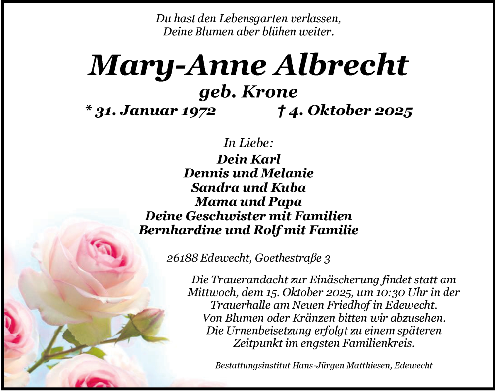  Traueranzeige für Mary-Anne Albrecht vom 11.10.2025 aus Nordwest-Zeitung
