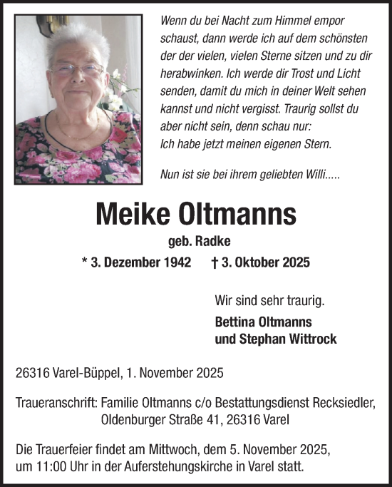 Traueranzeige von Meike Oltmanns von Nordwest-Zeitung