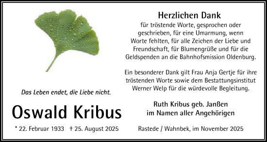 Traueranzeige von Oswald Kribus von Nordwest-Zeitung