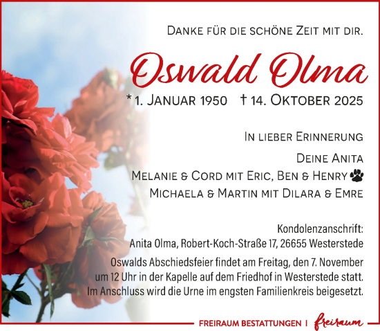 Traueranzeige von Oswald Olma von Nordwest-Zeitung