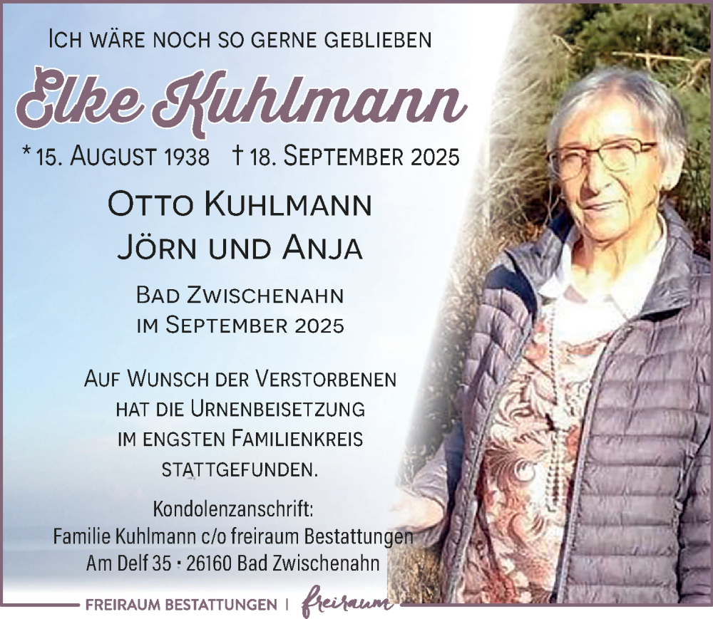  Traueranzeige für Elke Kuhlmann vom 04.10.2025 aus Nordwest-Zeitung