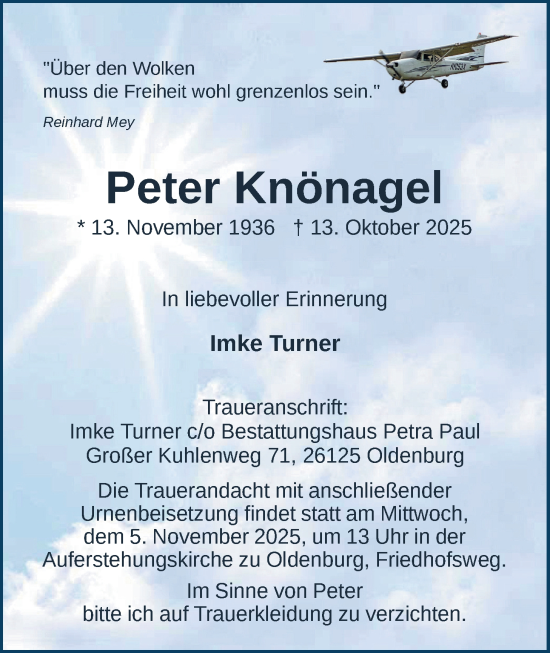 Traueranzeige von Peter Knönagel von Nordwest-Zeitung