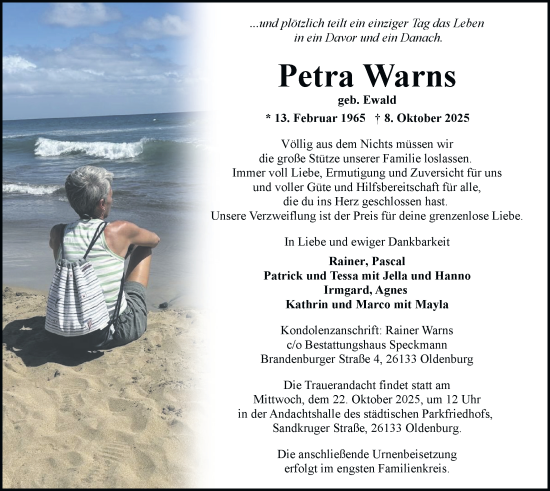 Traueranzeige von Petra Warns von Nordwest-Zeitung