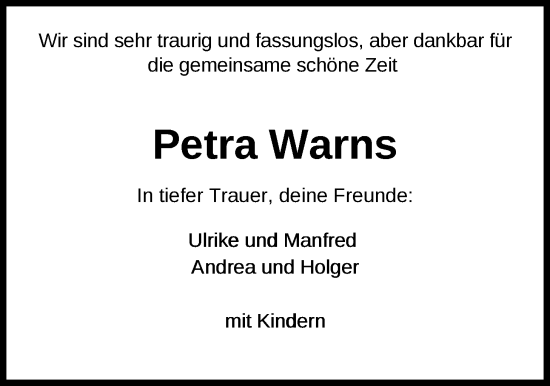 Traueranzeige von Petra Warns von Nordwest-Zeitung