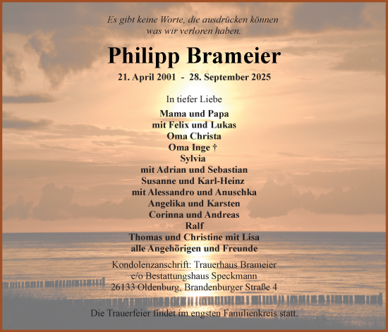 Traueranzeige von Philipp Brameier von Nordwest-Zeitung