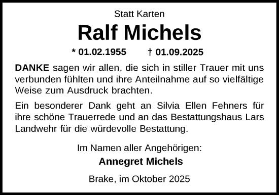 Traueranzeige von Ralf Michels von Nordwest-Zeitung