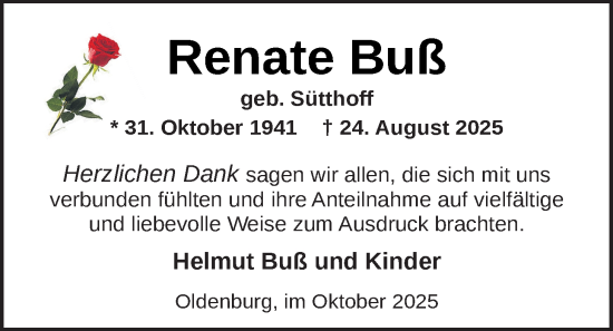 Traueranzeige von Renate Buß von Nordwest-Zeitung