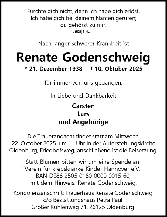 Traueranzeige von Renate Godenschweig von Nordwest-Zeitung