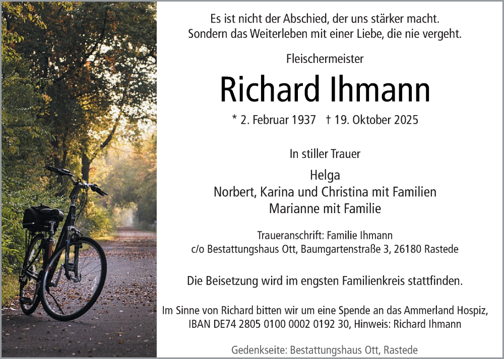  Traueranzeige für Richard Ihmann vom 25.10.2025 aus Nordwest-Zeitung