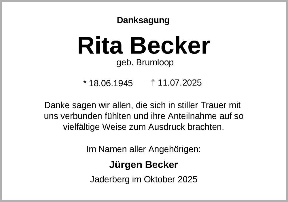  Traueranzeige für Rita Becker vom 04.10.2025 aus Nordwest-Zeitung