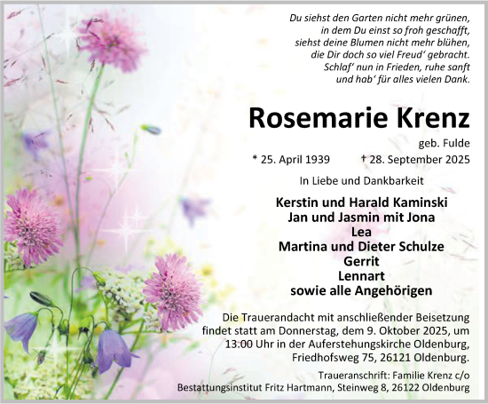 Traueranzeige von Rosemarie Krenz von Nordwest-Zeitung