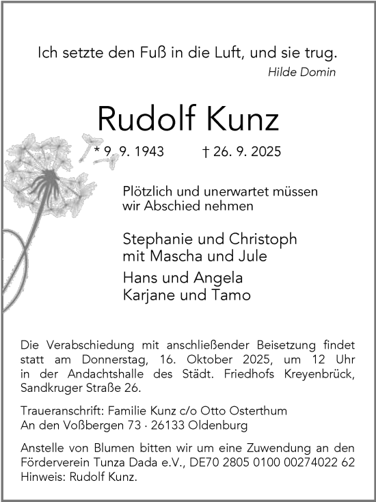 Traueranzeige von Rudolf Kunz von Nordwest-Zeitung