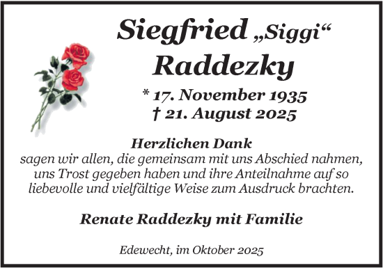 Traueranzeige von Siegfried Raddezky von Nordwest-Zeitung